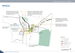 Draft City of Whittlesea Open Space Strategy36
0 500m 1km
7. Established areas precinct recommendations
Whittlesea
Expand Bruces Creek Linear Park
to extend to Beech St and upgrade
to include trail link, informal facilities
and indigenous planting.
Minor upgrade.
Minor upgrade with
seats and trees.
Major upgrade with
picnic and play facilities.
Minor upgrade including
seats and paths.
Major upgrade as part
of Whittlesea Park.
Establish new Local open space to provide
unstructured recreation facilities including
play facility in the north-west area of the
township, in open space already provided
by developer.
Investigate potential to establish
new open space corridor and trail
link connecting through the existing
reserves as shown.
Major upgrades to improve trail
links, interpretation of Clearwater
Channel and picnic/play facilities.
Higher priority projects
Lower priority projects
Off-road shared trail
Future off-road pedestrian and/or
shared trail links
Major open space upgrades
Diagram key
For full key, refer to 7.1 Overview
 