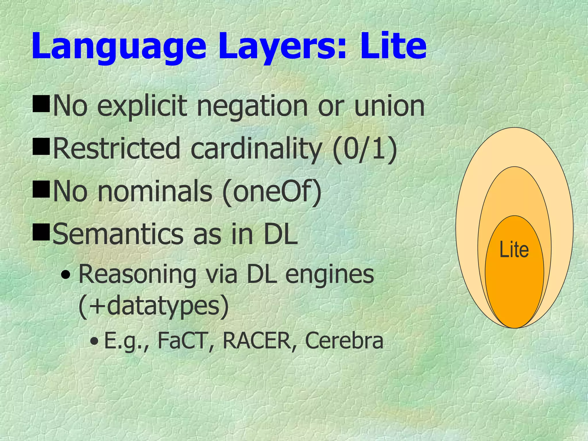 Language Layers: Lite
No explicit negation or union
Restricted cardinality (0/1)
No nominals (oneOf)
Semantics as in DL                Lite
  • Reasoning via DL engines
    (+datatypes)
    • E.g., FaCT, RACER, Cerebra
 
