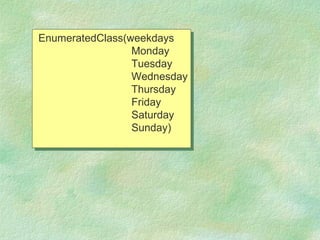 EnumeratedClass(weekdays
                 Monday
                 Tuesday
                 Wednesday
                 Thursday
                 Friday
                 Saturday
                 Sunday)
 