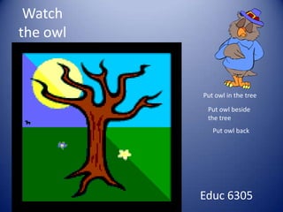 Watch the owl Put owl in the tree Put owl beside the tree  Put owl back Educ 6305 