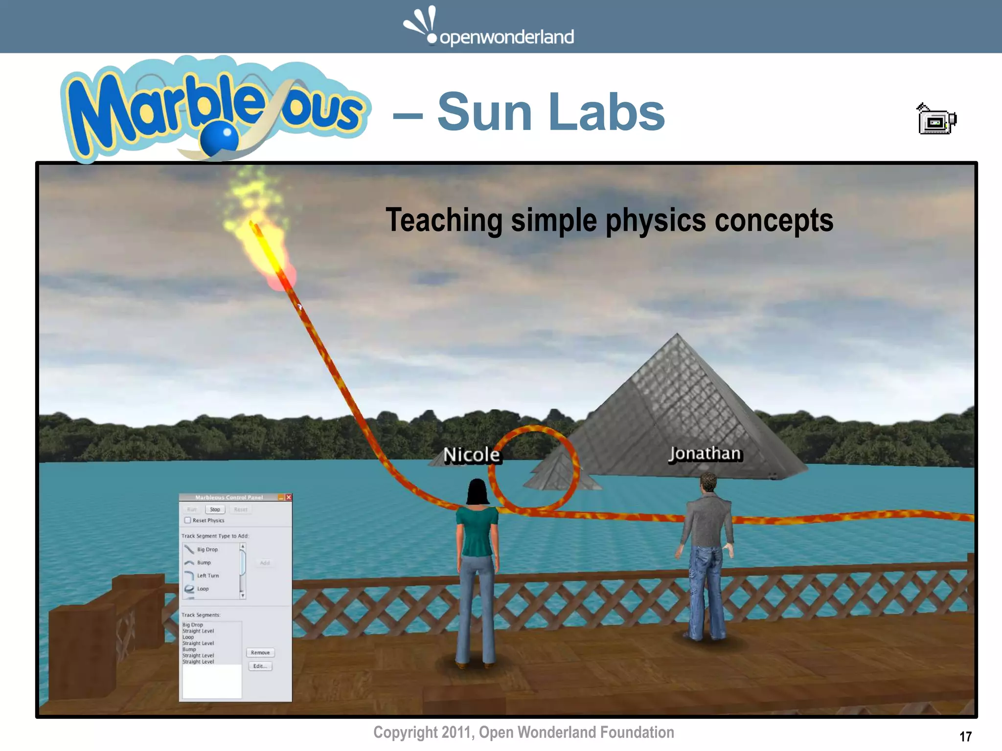 – Sun Labs
 Teaching simple physics concepts




Copyright 2011, Open Wonderland Foundation   17
 