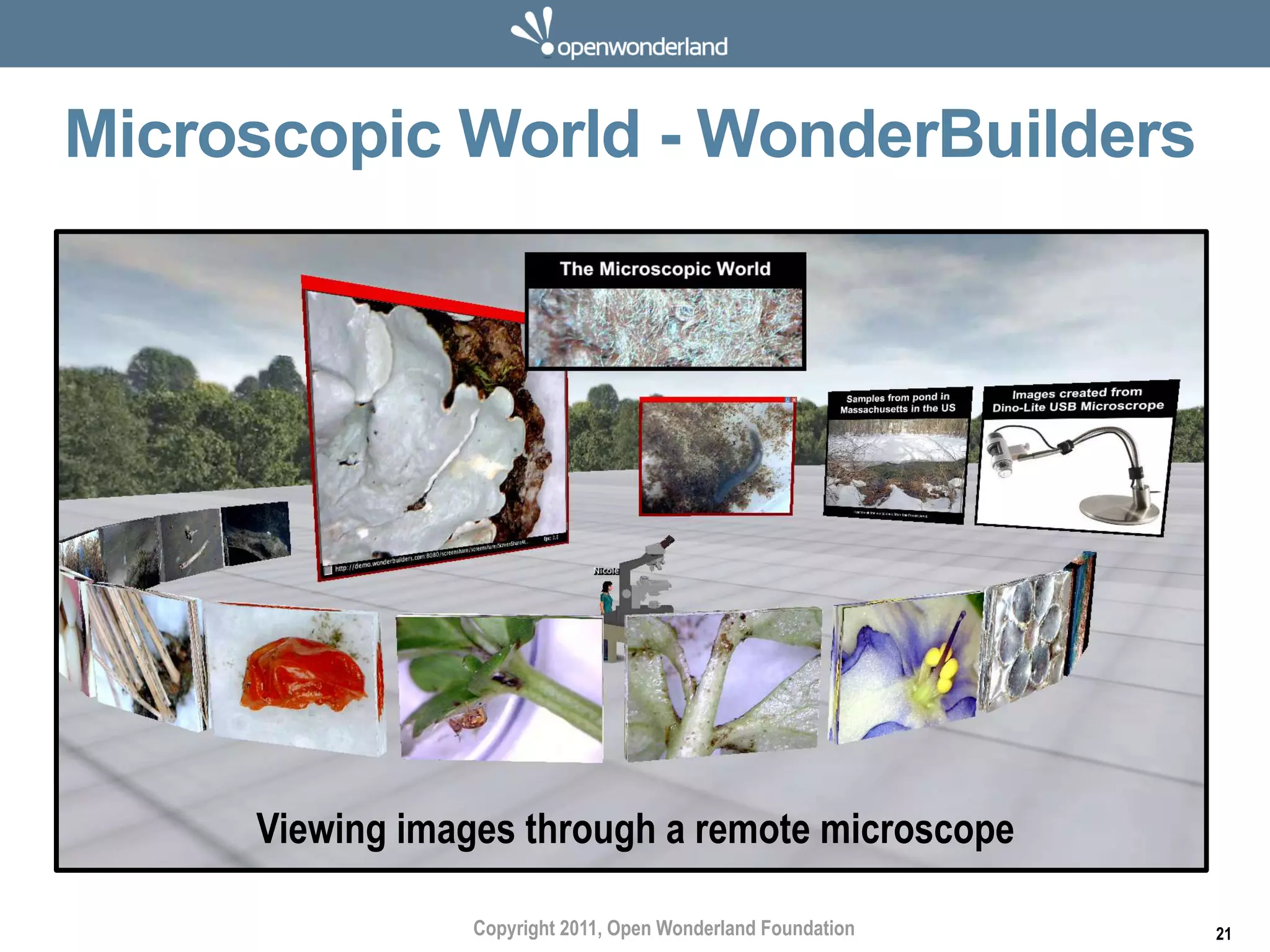 Microscopic World - WonderBuilders




     Viewing images through a remote microscope

                 Copyright 2011, Open Wonderland Foundation   21
 