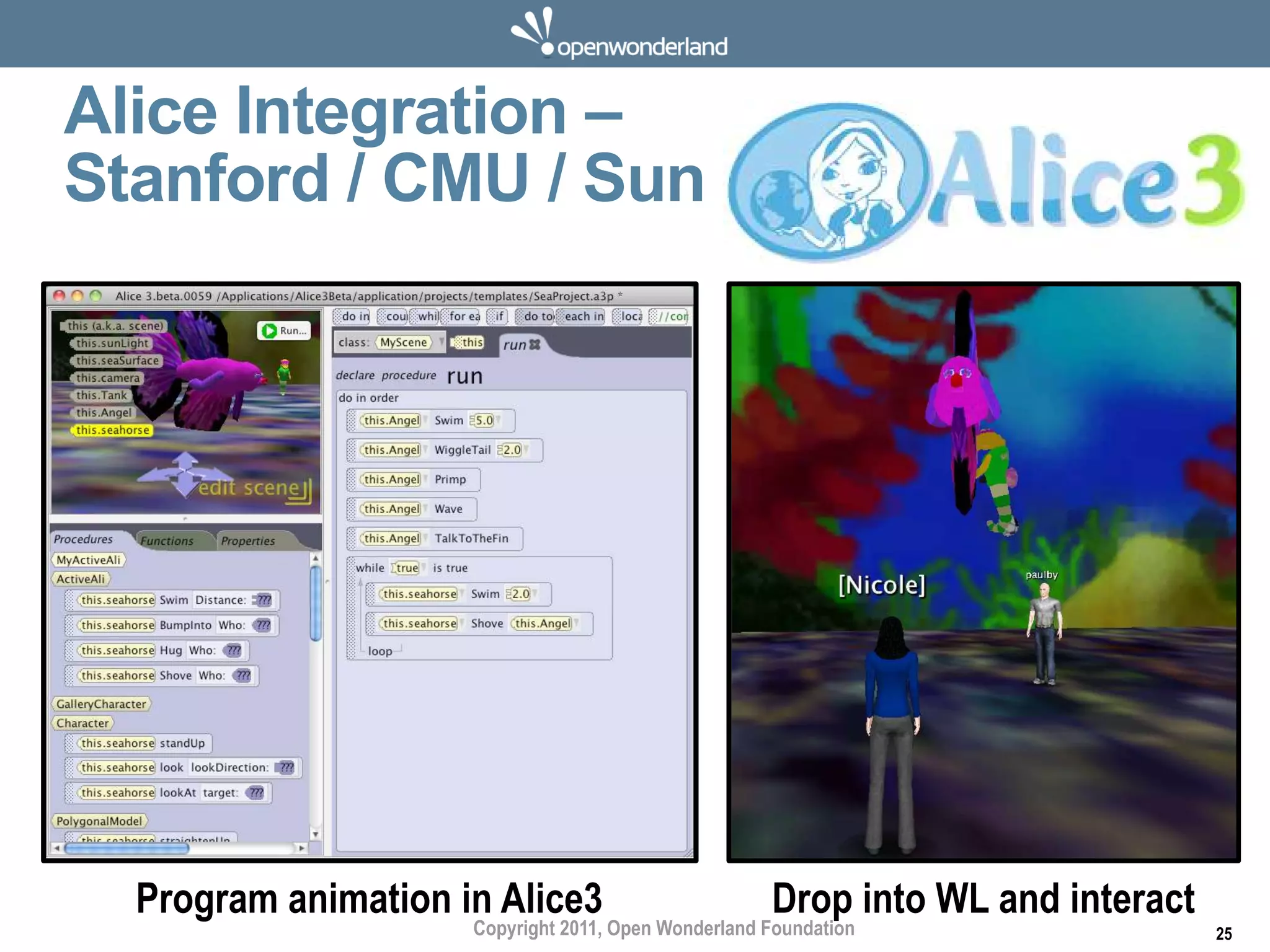 Alice Integration –
Stanford / CMU / Sun




  Program animation in Alice3                        Drop into WL and interact
                     Copyright 2011, Open Wonderland Foundation                  25
 