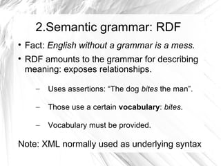 2.Semantic grammar: RDF

    Fact: English without a grammar is a mess.

    RDF amounts to the grammar for describing
    meaning: exposes relationships.

      –   Uses assertions: “The dog bites the man”.

      –   Those use a certain vocabulary: bites.

      –   Vocabulary must be provided.

Note: XML normally used as underlying syntax
 
