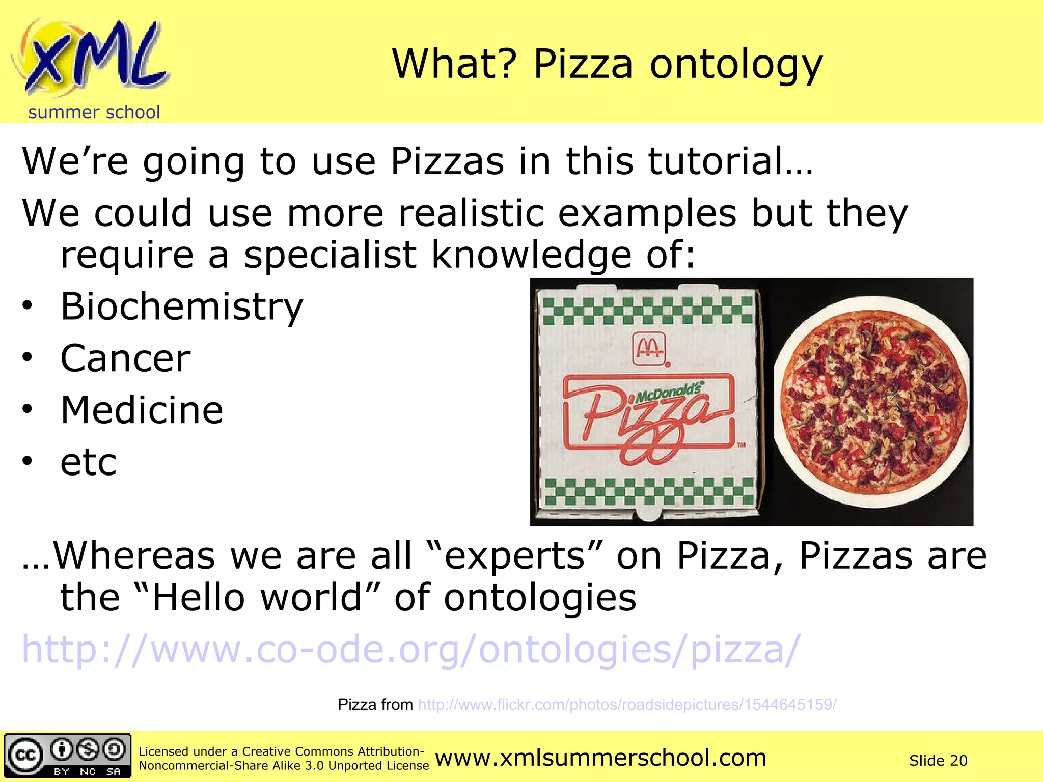 What? Pizza ontology We’re going to use Pizzas in this tutorial… We could use more realistic examples but they require a specialist knowledge of:  Biochemistry Cancer Medicine etc … Whereas we are all “experts” on Pizza, Pizzas are the “Hello world” of ontologies http://www.co-ode.org/ontologies/pizza/   Pizza from  http://www.flickr.com/photos/roadsidepictures/1544645159/   