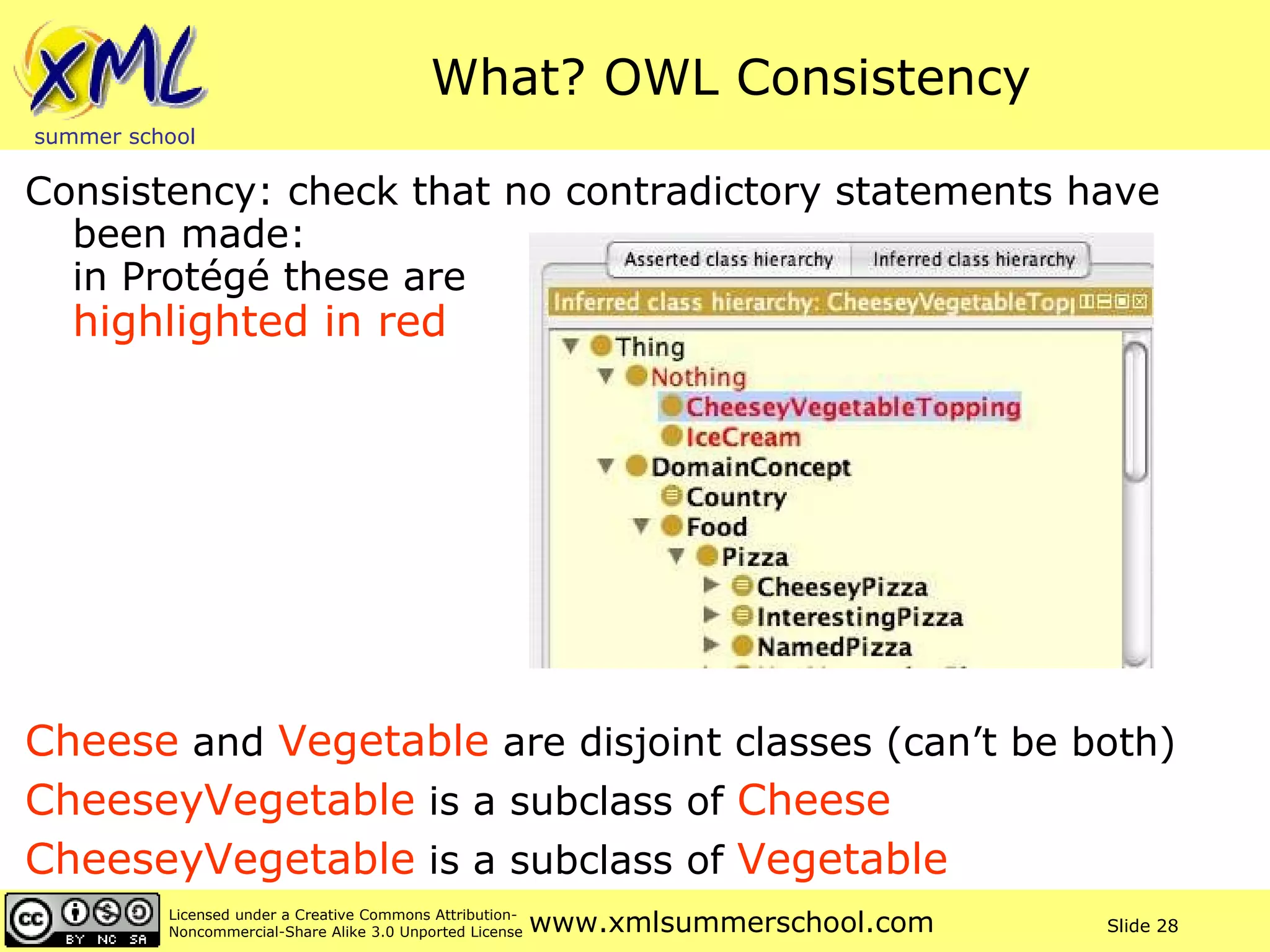 What? OWL Consistency  Consistency: check that no contradictory statements have been made:  in Protégé these are  highlighted in red Cheese  and  Vegetable  are disjoint classes (can’t be both) CheeseyVegetable  is a subclass of  Cheese CheeseyVegetable  is a subclass of  Vegetable 
