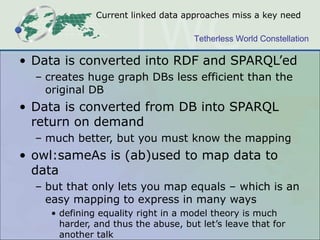 Tetherless World Constellation
Current linked data approaches miss a key need
• Data is converted into RDF and SPARQL’ed
– creates huge graph DBs less efficient than the
original DB
• Data is converted from DB into SPARQL
return on demand
– much better, but you must know the mapping
• owl:sameAs is (ab)used to map data to
data
– but that only lets you map equals – which is an
easy mapping to express in many ways
• defining equality right in a model theory is much
harder, and thus the abuse, but let’s leave that for
another talk
 
