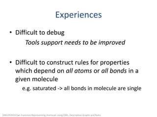 ExperiencesDifficult to debugTools support needs to be improvedDifficult to construct rules for properties which depend on all atoms or all bonds in a given molecule	e.g. saturated -> all bonds in molecule are singleOWLED2010:San Francisco:Representing chemicals using OWL, Description Graphs and Rules
