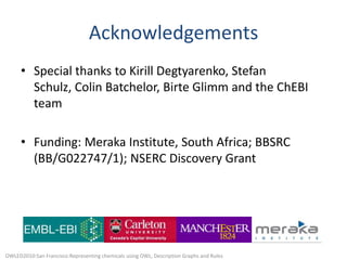 AcknowledgementsSpecial thanks to KirillDegtyarenko, Stefan Schulz, Colin Batchelor, BirteGlimm and the ChEBI teamFunding: Meraka Institute, South Africa; BBSRC (BB/G022747/1); NSERC Discovery GrantOWLED2010:San Francisco:Representing chemicals using OWL, Description Graphs and Rules