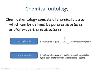 Chemical ontologyChemical ontology consists of chemical classes which can be defined by parts of structuresand/or properties of structurescarboxylic acidif molecule has partsome carboxy groupcyclic moleculeif molecule has property cyclic, i.e. a self-connectedcyclic path exists through the molecule’s atomsOWLED2010:San Francisco:Representing chemicals using OWL, Description Graphs and Rules