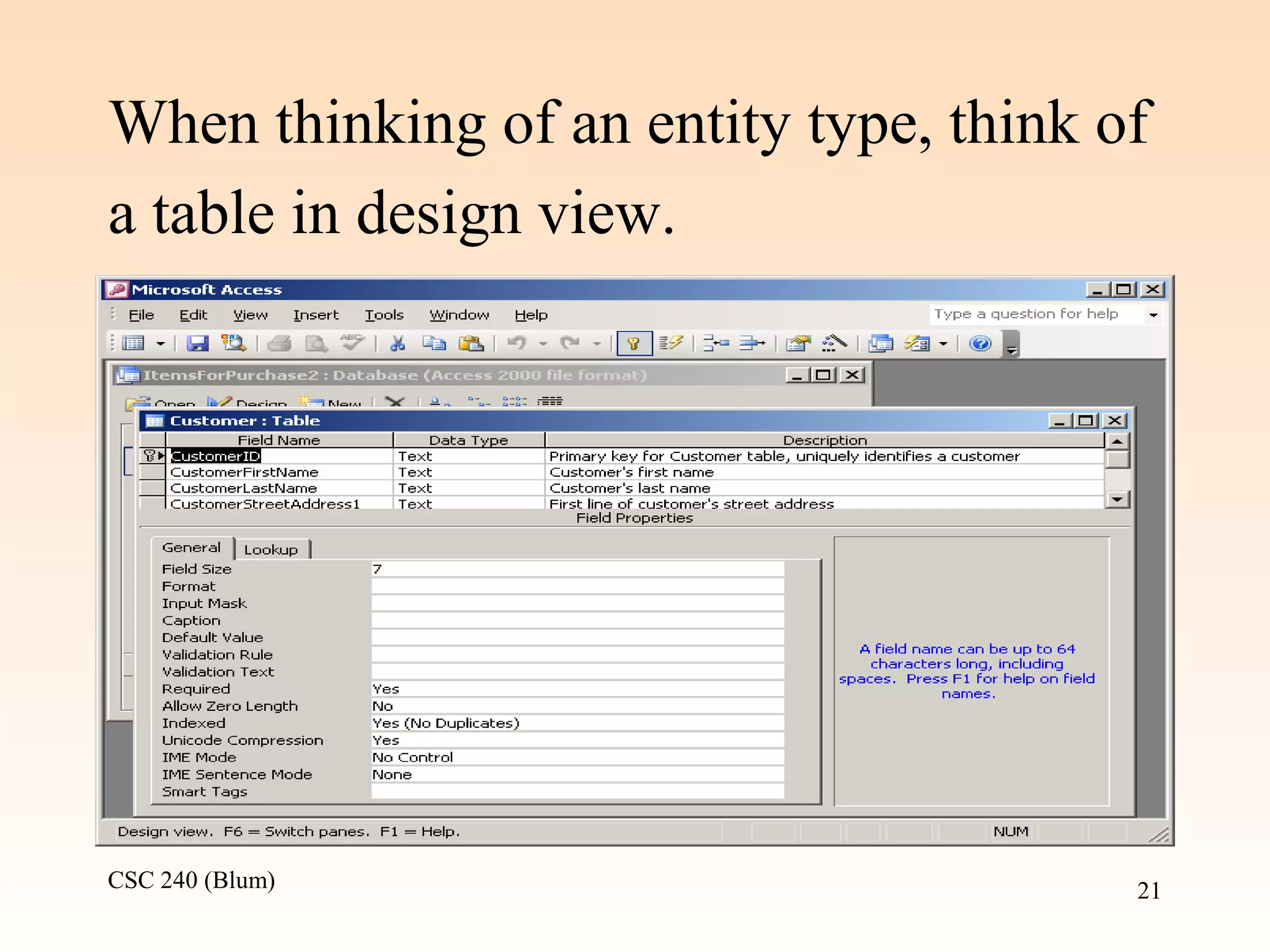 CSC 240 (Blum) 21
When thinking of an entity type, think of
a table in design view.
 
