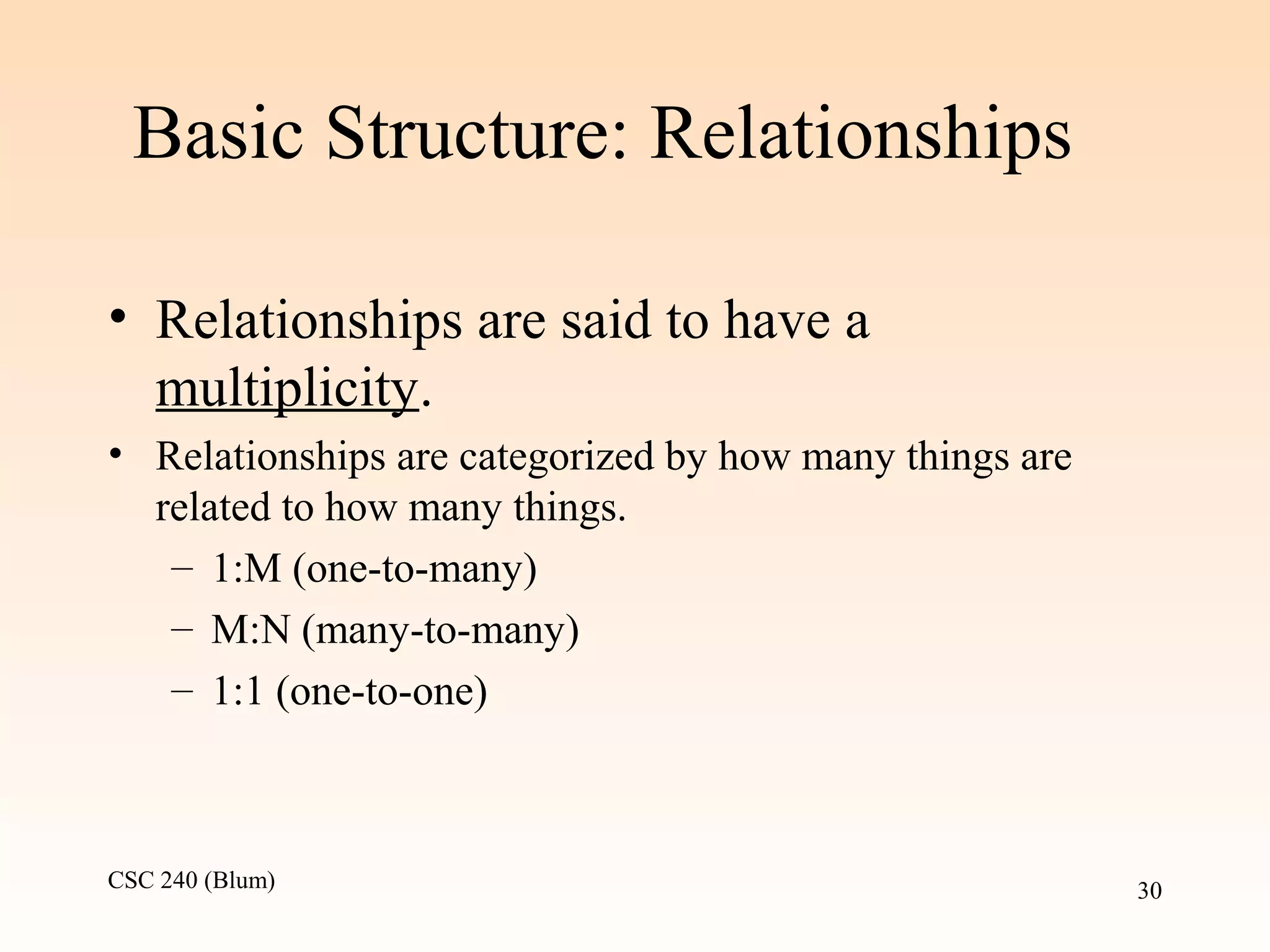 CSC 240 (Blum) 30
Basic Structure: Relationships
• Relationships are said to have a
multiplicity.
• Relationships are categorized by how many things are
related to how many things.
– 1:M (one-to-many)
– M:N (many-to-many)
– 1:1 (one-to-one)
 