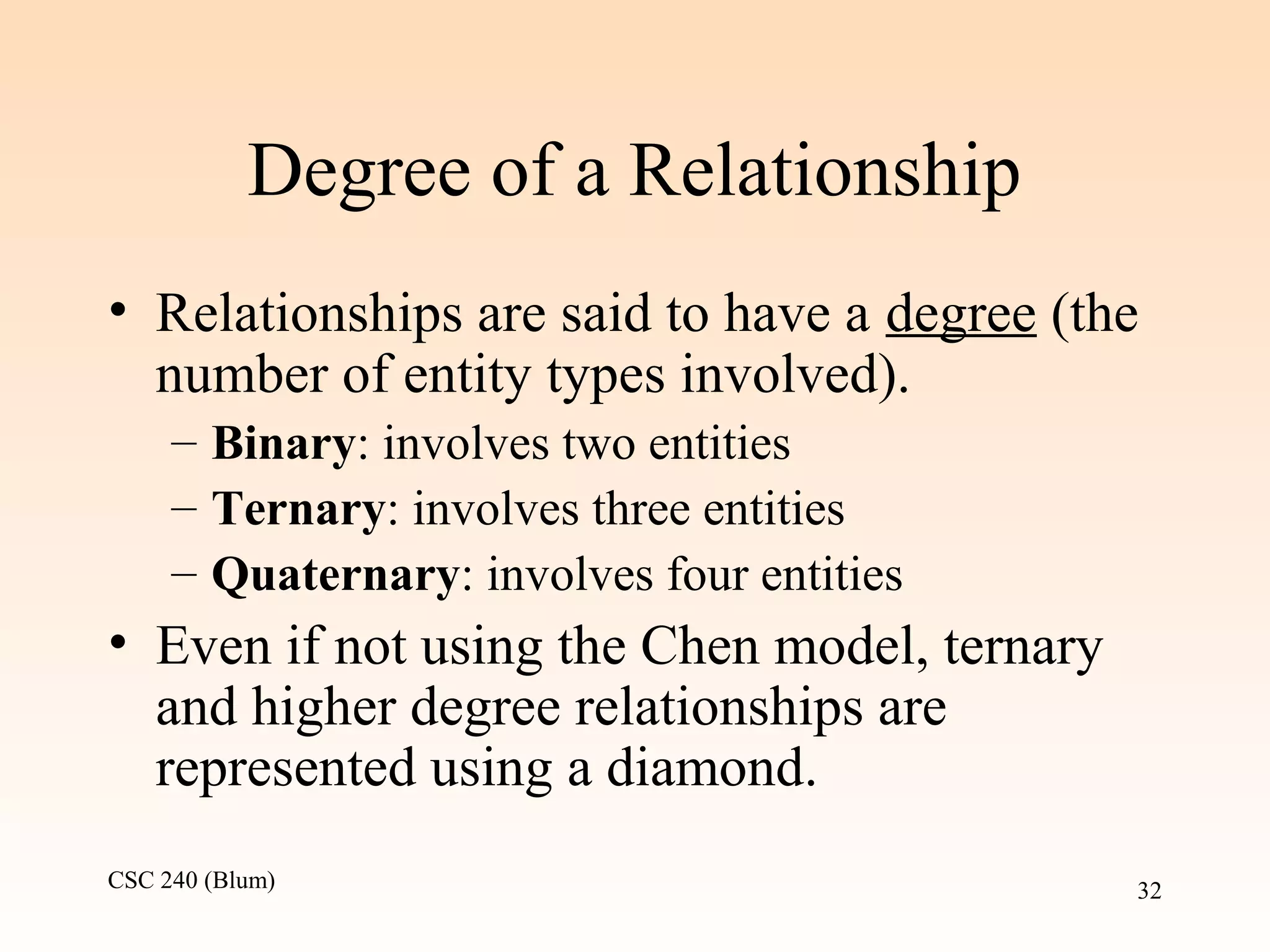 CSC 240 (Blum) 32
Degree of a Relationship
• Relationships are said to have a degree (the
number of entity types involved).
– Binary: involves two entities
– Ternary: involves three entities
– Quaternary: involves four entities
• Even if not using the Chen model, ternary
and higher degree relationships are
represented using a diamond.
 