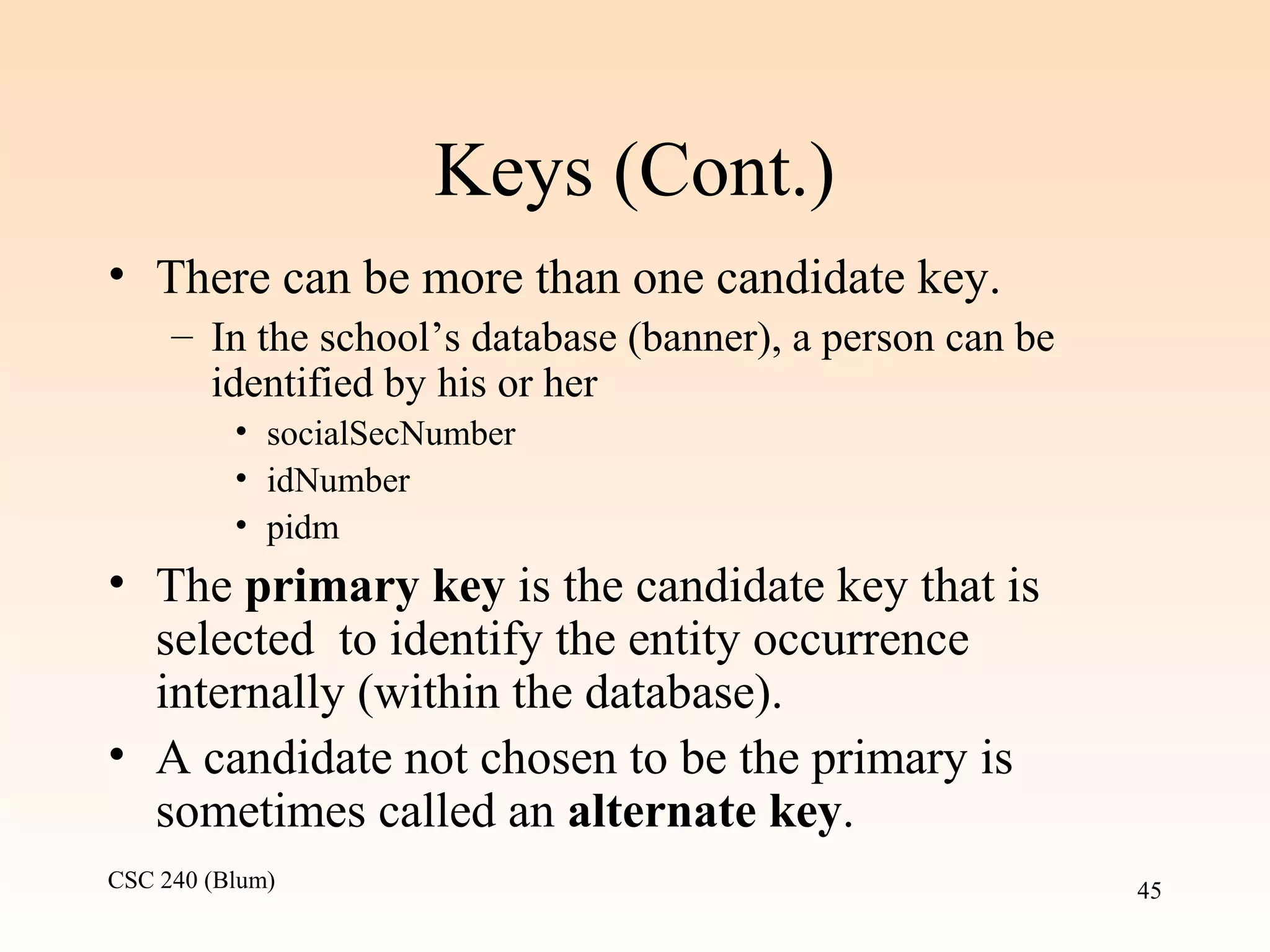 CSC 240 (Blum) 45
Keys (Cont.)
• There can be more than one candidate key.
– In the school’s database (banner), a person can be
identified by his or her
• socialSecNumber
• idNumber
• pidm
• The primary key is the candidate key that is
selected to identify the entity occurrence
internally (within the database).
• A candidate not chosen to be the primary is
sometimes called an alternate key.
 