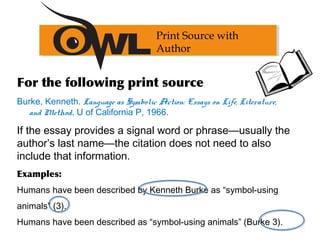 Print Source with
Author
For the following print source
Burke, Kenneth. Language as Symbolic Action: Essays on Life, Literature,
and Method. U of California P, 1966.
If the essay provides a signal word or phrase—usually the
author’s last name—the citation does not need to also
include that information.
Examples:
Humans have been described by Kenneth Burke as “symbol-using
animals” (3).
Humans have been described as “symbol-using animals” (Burke 3).
 