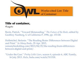 Title of container,
Examples:
Bazin, Patrick. “Toward Metareading.” The Future of the Book, edited by
Geoffrey Nunberg, U of California P, 1996, pp. 153-68.
 
Hollmichel, Stefanie. “The Reading Brain: Differences between Digital
and Print.” So Many Books, 25 Apr. 2013,
somanybooksblog.com/2013/04/25/the-reading-brain-differences-
between-digital-and-print/.
“Under the Gun.” Pretty Little Liars, season 4, episode 6, ABC Family,
16 July 2013. Hulu, hulu.com/watch/511318.
Works-cited List: Title
of Container
 
