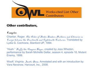 Other contributors,
Examples:
Chartier, Roger. The Order of Books: Readers, Authors, and Libraries in
Europe between the Fourteenth and Eighteenth Centuries. Translated by
Lydia G. Cochrane, Stanford UP, 1994.
“Hush.” Buffy the Vampire Slayer, created by Joss Whedon,
performance by Sarah Michelle Gellar, season 4, episode 10, Mutant
Enemy, 1999.
 
Woolf, Virginia. Jacob’s Room. Annotated and with an introduction by
Vara Neverow, Harcourt, Inc., 2008.
Works-cited List: Other
Contributors
 