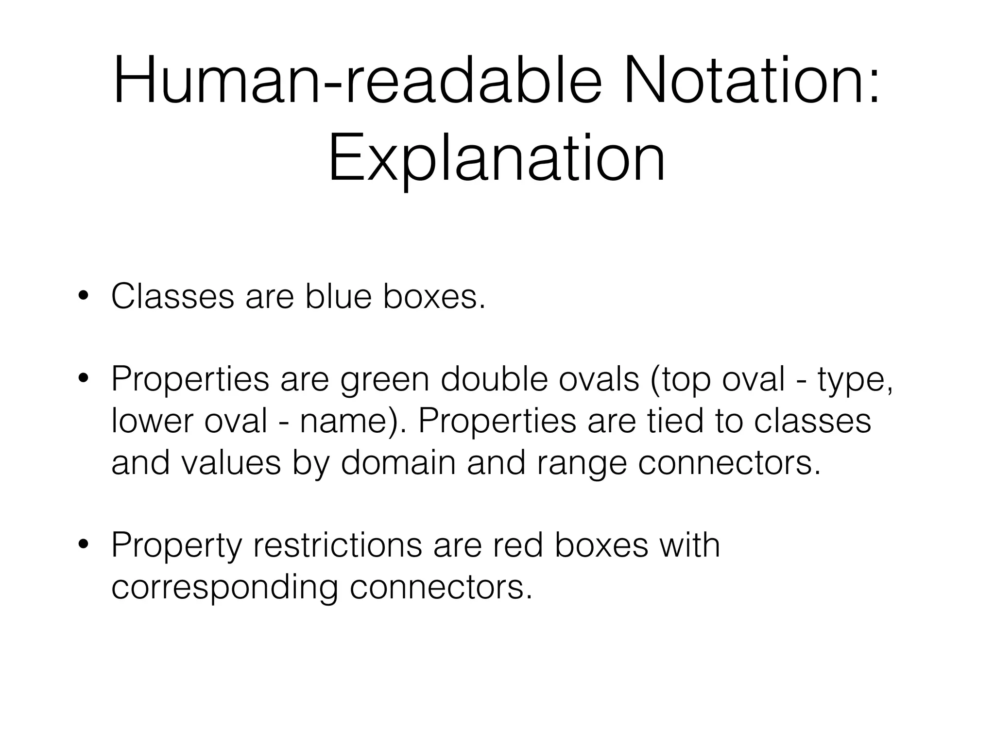 Human-readable Notation:
Explanation
• Classes are blue boxes.
• Properties are green double ovals (top oval - type,
lower oval - name). Properties are tied to classes
and values by domain and range connectors.
• Property restrictions are red boxes with
corresponding connectors.
 