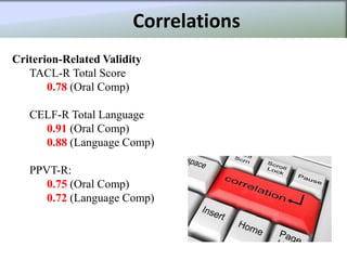 Correlations
Criterion-Related Validity
   TACL-R Total Score
       0.78 (Oral Comp)

   CELF-R Total Language
     0.91 (Oral Comp)
     0.88 (Language Comp)

   PPVT-R:
      0.75 (Oral Comp)
      0.72 (Language Comp)
 