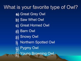 What is your favorite type of Owl? Great Grey Owl Saw Whet Owl Great Horned Owl Barn Owl Snowy Owl Northern Spotted Owl Pygmy Owl Young Browning Owl a) b) c) d) e) f) g) h) 