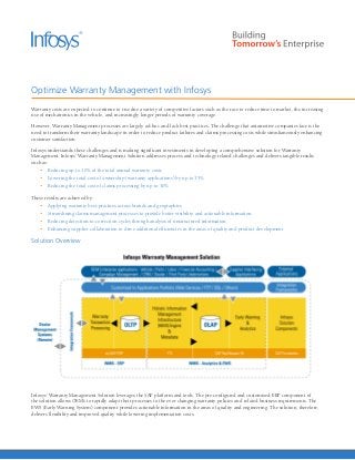 Optimize Warranty Management with Infosys
Warranty costs are expected to continue to rise due a variety of competitive factors such as the race to reduce time to market, the increasing
use of mechatronics in the vehicle, and increasingly longer periods of warranty coverage.

However, Warranty Management processes are largely ad-hoc and lack best practices. The challenge that automotive companies face is the
need to transform their warranty landscape in order to reduce product failures and claims processing costs while simultaneously enhancing
customer satisfaction.

Infosys understands these challenges and is making significant investments in developing a comprehensive solution for Warranty
Management. Infosys’ Warranty Management Solution addresses process and technology related challenges and delivers tangible results
such as:
    •	 Reducing up to 10% of the total annual warranty costs
    •	 Lowering the total cost of ownership (warranty applications) by up to 35%
    •	 Reducing the total cost of claims processing by up to 30%

These results are achieved by:
    •	 Applying warranty best-practices across brands and geographies
    •	 Streamlining claims management processes to provide better visibility and actionable information
    •	 Reducing detection-to-correction cycles through analysis of unstructured information
    •	 Enhancing supplier collaboration to drive additional efficiencies in the areas of quality and product development

Solution Overview




Infosys’ Warranty Management Solution leverages the SAP platform and tools. The pre-configured and customized ERP component of
the solution allows OEM’s to rapidly adapt their processes to the ever changing warranty policies and related business requirements. The
EWS (Early Warning System) component provides actionable information in the areas of quality and engineering. The solution, therefore,
delivers flexibility and improved quality while lowering implementation costs.
 