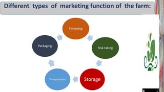 Different types of marketing function of the farm:
Financing
Risk taking
Storage
Transportation
Packaging
 