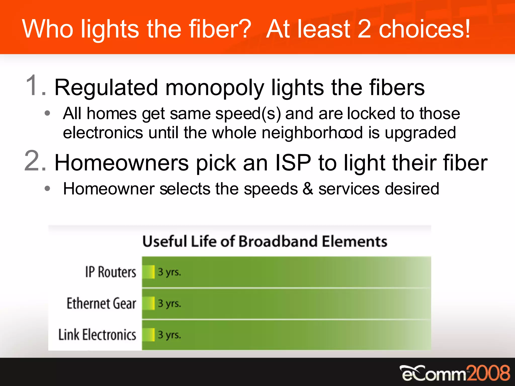 Who lights the fiber?  At least 2 choices! Regulated monopoly lights the fibers All homes get same speed(s) and are locked to those electronics until the whole neighborhood is upgraded Homeowners pick an ISP to light their fiber Homeowner selects the speeds & services desired 