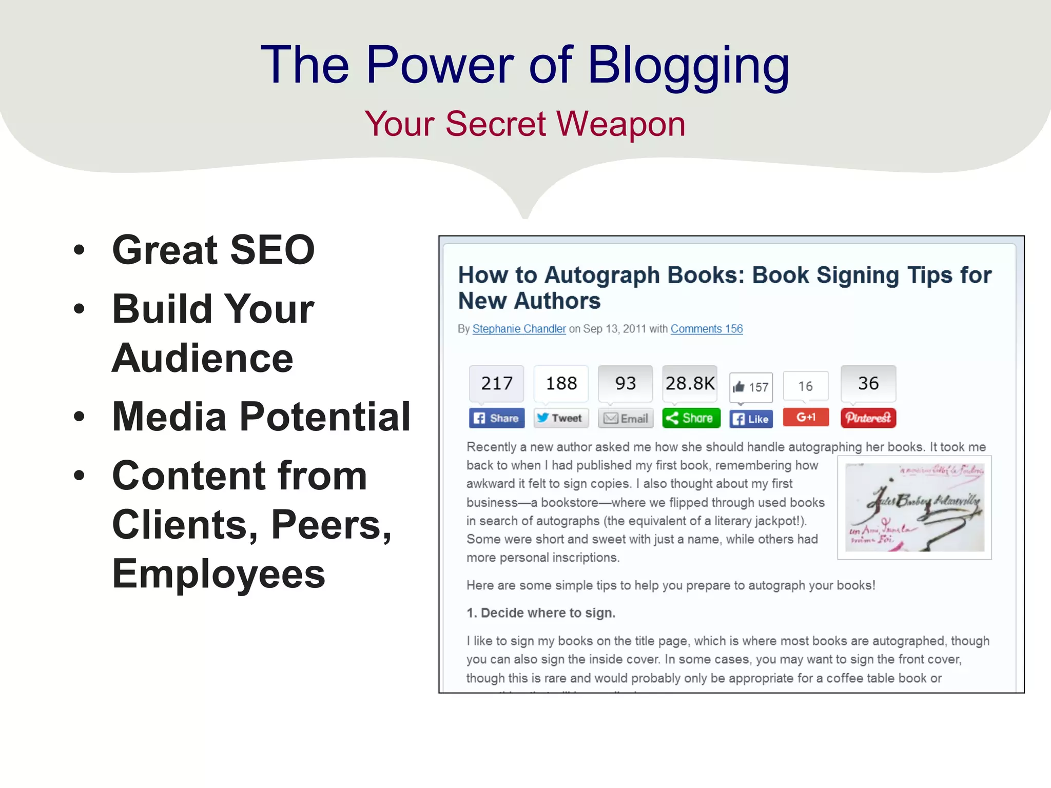 The Power of Blogging
• Great SEO
• Build Your
Audience
• Media Potential
• Content from
Clients, Peers,
Employees
Your Secret Weapon
 