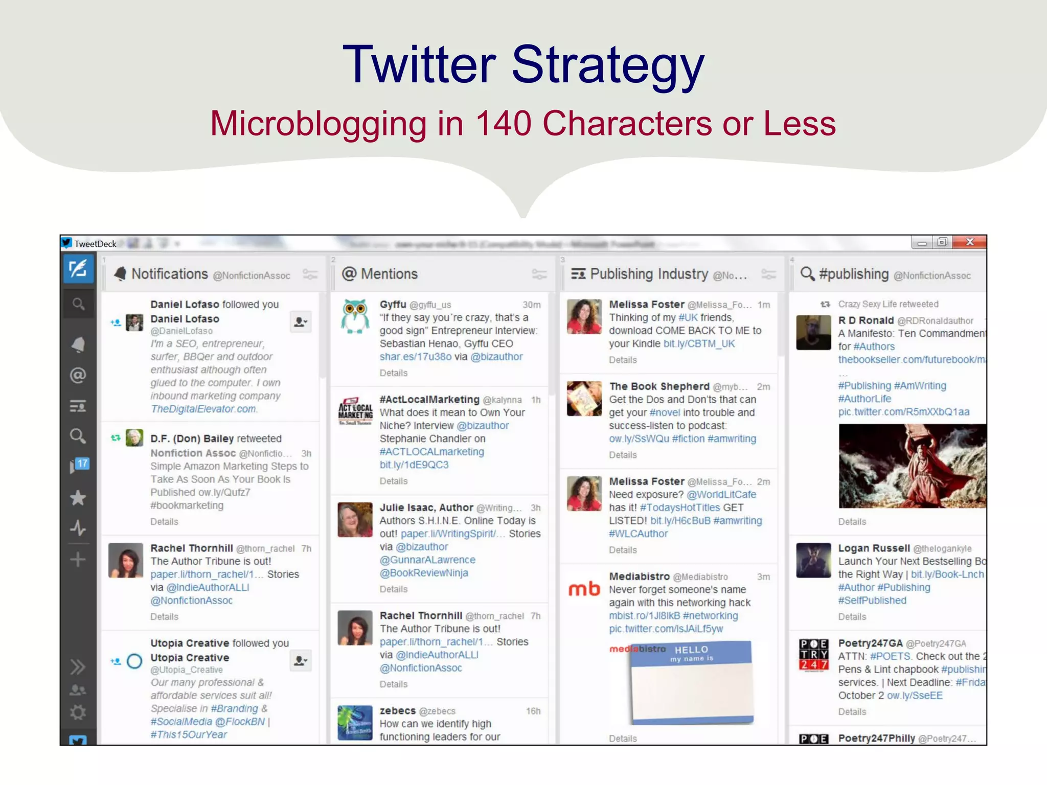 Twitter Strategy
Microblogging in 140 Characters or Less
 