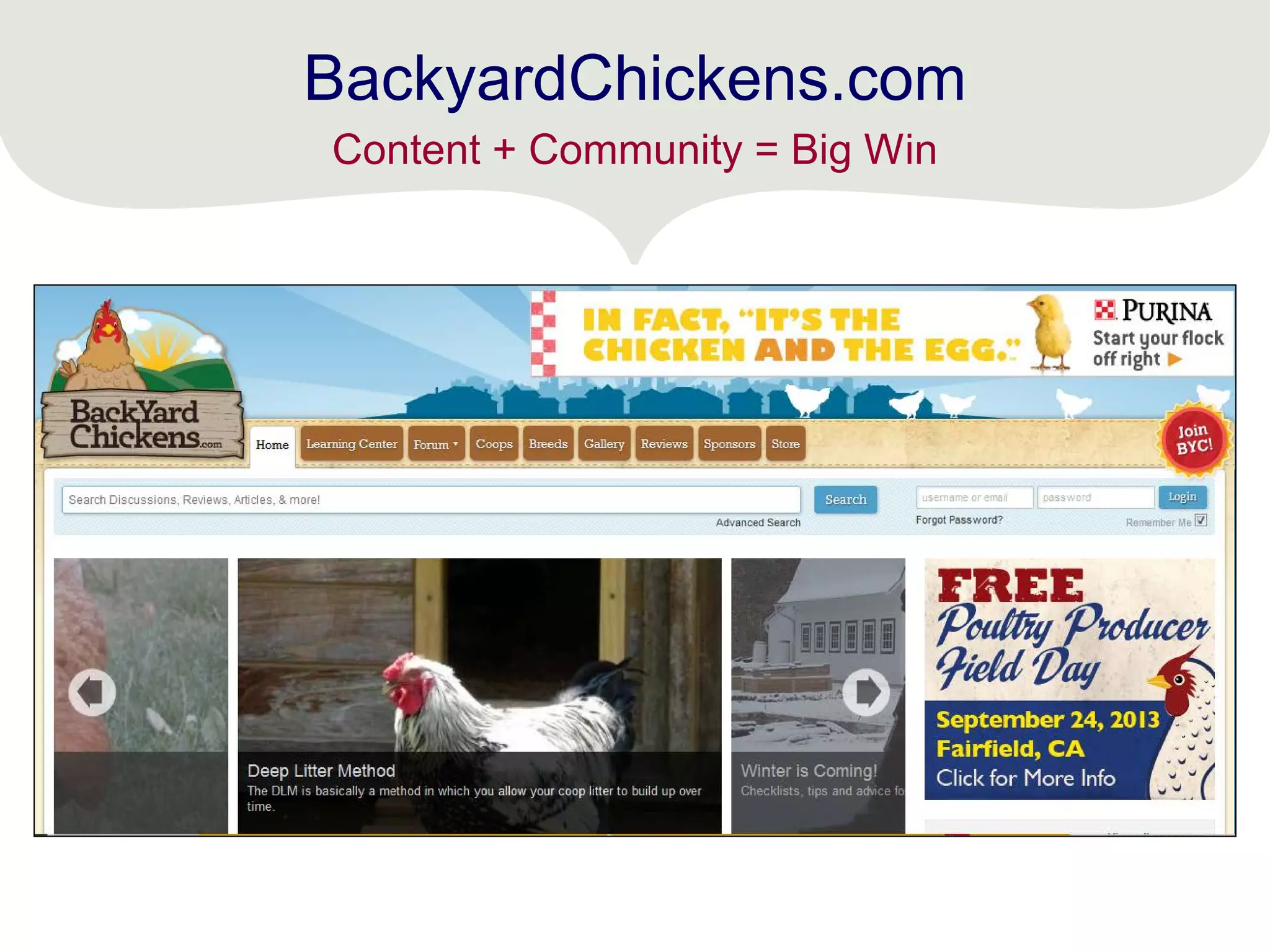 BackyardChickens.com
Content + Community = Big Win
 