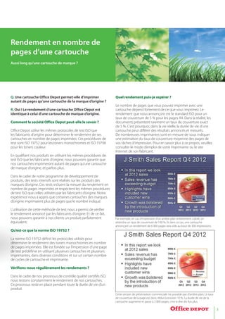 3
Comment la société Office Depot peut-elle le savoir ?
Office Depot utilise les mêmes protocoles de test ISO que
les fabricants d’origine pour déterminer le rendement de ses
cartouches en nombre de pages imprimées. Ces procédures de
test sont ISO 19752 pour les toners monochromes et ISO 19798
pour les toners couleur.
En qualifiant nos produits en utilisant les mêmes procédures de
test ISO que les fabricants d’origine, nous pouvons garantir que
nos cartouches imprimeront autant de pages qu’une cartouche
de marque d’origine, et parfois plus.
Dans le cadre de notre programme de développement de
des tests intensifs sont réalisés sur les produits desproduits,
d’origine. Ces tests incluent la mesure du rendement enmarques
de pages imprimées et respectent les mêmes procéduresnombre d
O que celles utilisées par les fabricants d’origine. Notrede test IS
ce nous a appris que certaines cartouches des marquesexpérienc
imprimaient plus de pages que le nombre indiqué.d’origine
on de cette méthode de test nous a permis de vérifierL’utilisatio
ment annoncé par les fabricants d’origine. Et de ce fait,le rendem
uvons garantir à nos clients un produit parfaitementnous pou
nt.équivalen
Quel rendement puis-je espérer ?
Le nombre de pages que vous pouvez imprimer avec une
cartouche dépend fortement de ce que vous imprimez. Le
rendement que nous annonçons est le standard ISO pour un
taux de couverture de 5 % pour les pages A4. Dans la réalité, les
documents présentent rarement un taux de couverture exact
de 5 %. C’est pourquoi, dans la vie réelle, la durée de vie d’une
cartouche peut différer des résultats annoncés et mesurés.
De nombreuses imprimantes sont en mesure de vous indiquer
une estimation du taux de couverture moyenne des pages de
vos tâches d’impression. Pour en savoir plus à ce propos, veuillez
consulter le mode d’emploi de votre imprimante ou le site
Internet de son fabricant.
Q. Une cartouche Office Depot permet-elle d’imprimer
autant de pages qu’une cartouche de la marque d’origine ?
R. Oui ! Le rendement d’une cartouche Office Depot est
identique à celui d’une cartouche de marque d’origine.
Vérifions-nous régulièrement les rendements ?
adre de nos processus de contrôle qualité certifiés ISO,Dans le ca
tons constamment le rendement de nos cartouches.nous test
Ce processus reste en place pendant toute la durée de vie d’un
produit.
Par exemple, en cas d’impression d’un arrière-plan entièrement coloré, on
atteindra un taux de couverture de 100 %. Et dans ce cas, une cartouche
annonçant un rendement de 6 000 pages sera vide au bout de 300 impressions.
Cette version de présentation commerciale ne possède pas d’arrière-plan. Le taux
de couverture de la page est donc réduit à environ 10 %. La durée de vie de la
cartouche augmente et passe à 3 000 pages, c’est-à-dire dix fois plus
Qu’est-ce que la norme ISO 19752 ?
e ISO 19752 définit les protocoles utilisés pourLaLa norme
er le rendement des toners monochromes en nombreddééd termin
imprimées. Elle est fondée sur l’impression d’une pageddede pages
rédéfinie en utilisant plusieurs cartouches et plusieursdde test pr
ntes, dans diverses conditions et sur un certain nombreimpriman
de cartouche et imprimante.de cycles
Rendement en nombre de
pages d’une cartouche
Aussi long qu’une cartouche de marque ?
 