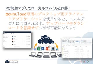 PC常駐アプリでローカルファイルと同期
ownCloud専用のデスクトップ用クライアン
トアプリケーションを使用すると、フォルダ
ごとに同期されます。アップロードやダウン
ロードを意識せず共有が可能になります
 
