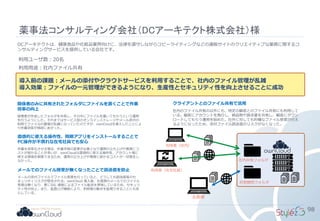 薬事法コンサルティング会社（DCアーキテクト株式会社）様
98
DCアーキテクトは、健康食品や化粧品業界向けに、法律を遵守しながらコピーライティングなどの通販サイトのクリエイティブな業務に関するコ
ンサルティングサービスを提供している会社です。
利用ユーザ数：20名
利用用途：社内ファイル共有
直感的に使える操作性、同期アプリをインストールすることで
PC操作が不慣れな在宅社員でも安心
作業を効率化させる場合、作業手順の変更が必要となり運用の立ち上げや教育にコ
ストが掛かることが多いが、ownCloudは直感的に使える操作性、アカウント毎に
使える領域を制限できるため、運用の立ち上げや教育に掛かるコストが一切発生し
なかった。
メールでのファイル授受が無くなったことで誤送信を防止
メールの添付ファイルでファイル受渡を行っていると、どうしても誤送信等のセ
キュリティリスクが懸念される。ownCloud 導入後、社員間のメールでのファイル
受渡は無くなり、更にSSL 通信によるファイル転送を実現しているため、セキュリ
ティ性が向上。また、監査ログ機能により、利用者の動きを監視できることにも安
心している。
クライアントとのファイル共有で活用
社内のファイル共有の以外にも、特定の顧客とのファイル共有にも利用して
いる。顧客にアカウントを発行し、納品物や請求書を共有し、顧客にダウン
ロードしてもらう運用を始めた。社外に対しても的確なファイル受渡が行え
るようになったため、添付ファイル誤送信のリスクがなくなった。
導入前の課題：メールの添付やクラウドサービスを利用することで、社内のファイル管理が乱雑
導入効果：ファイルの一元管理ができるようになり、生産性とセキュリティ性を向上させることに成功
利用者（社内）
社内共有フォルダ
お客様
利用者（在宅社員）
お客様用フォルダ
関係者のみに共有されたフォルダにファイルを置くことで作業
効率の向上
管理者が作成したフォルダを共有し、その中にファイルを置いてもらうという運用
を行うようにした。それまではサービス型のオンラインストレージやメール添付の
利用でファイルの置場が乱雑になっていたのですが、ownCloudを導入したことによ
り作業効率が格段にあがった。
 