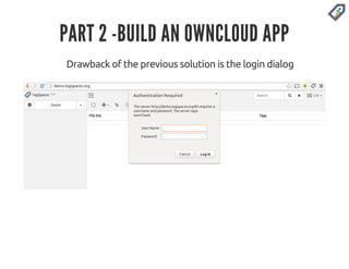 PART 2 -BUILD AN OWNCLOUD APP 
Drawback of the previous solution is the login dialog 
 