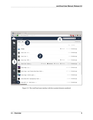 ownCloud User Manual, Release 6.0
Figure 2.2: The ownCloud main interface with the essential elements numbered
2.1. Overview 5
 