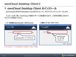 ownCloud Desktop Client②
June 2, 2014 Copyright © 2010-2014 Cloudian KK. All rights reserved. P14
ownCloud Desktop Client のインストール
ownCloud公式HPからDesktop Clientをダウンロードし、PCクライアントにインストールします。
インストール完了後、「ownCloud 接続ウィザード」が起動されるので、ご自身の環境に合わせて
セットアップを進めてください。
ownCloudの
・ユーザー名
・パスワード
ownCloudサーバーのアドレス
① データを同期するownCloudサーバのアドレス入力 ② 接続ユーザー名／パスワード入力
※ ownCloudサーバーでSSLを有効化している場合は、「https://」で指定
 