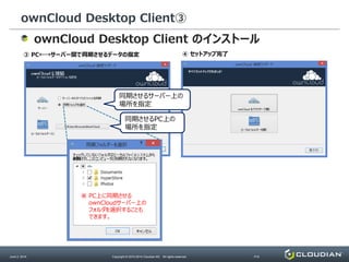 ownCloud Desktop Client③
June 2, 2014 Copyright © 2010-2014 Cloudian KK. All rights reserved. P15
ownCloud Desktop Client のインストール
同期させるサーバー上の
場所を指定
③ PC←→サーバー間で同期させるデータの指定 ④ セットアップ完了
同期させるPC上の
場所を指定
※ PC上に同期させる
ownCloudサーバー上の
フォルダを選択することも
できます。
 