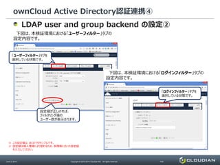 ownCloud Active Directory認証連携④
June 2, 2014 Copyright © 2010-2014 Cloudian KK. All rights reserved. P33
LDAP user and group backend の設定②
下図は、本検証環境における「ユーザーフィルター」タブの
設定内容です。
「ユーザーフィルター」タブを
選択している状態です。
※ この設定値は、あくまでもサンプルです。
※ 設定値は導入環境により変わるため、各環境に合った設定値
を入力してください。
下図は、本検証環境における「ログインフィルター」タブの
設定内容です。
「ログインフィルター」タブを
選択している状態です。
設定値が正しければ、
フィルタリング後の
ユーザー数が表示されます。
 
