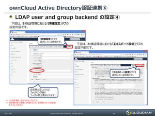 ownCloud Active Directory認証連携⑥
June 2, 2014 Copyright © 2010-2014 Cloudian KK. All rights reserved. P35
LDAP user and group backend の設定④
下図は、本検証環境における「詳細設定」タブの
設定内容です。
「詳細設定」タブを
選択している状態です。
※ この設定値は、あくまでもサンプルです。
※ 設定値は導入環境により変わるため、各環境に合った設定値
を入力してください。
下図は、本検証環境における「エキスパート設定」タブの
設定内容です。
「エキスパート設定」タブを
選択している状態です。
設定値が正しければ、
フィルタリング後の
ユーザー数が表示されます。
 