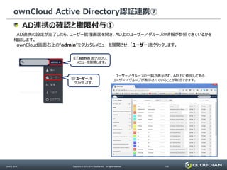 ownCloud Active Directory認証連携⑦
June 2, 2014 Copyright © 2010-2014 Cloudian KK. All rights reserved. P36
AD連携の確認と権限付与①
AD連携の設定が完了したら、ユーザー管理画面を開き、AD上のユーザー／グループの情報が参照できているかを
確認します。
ownCloud画面右上の“admin”をクリックしメニューを展開させ、「ユーザー」をクリックします。
①「admin」をクリックし、
メニューを展開します。
②「ユーザー」を
クリックします。
ユーザー／グループの一覧が表示され、AD上に作成してある
ユーザー／グループが表示されていることが確認できます。
 