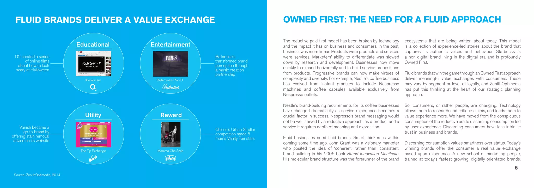 5 
OWNED FIRST: THE NEED FOR A FLUID APPROACH 
The reductive paid first model has been broken by technology 
and the impact it has on business and consumers. In the past, 
business was more linear. Products were products and services 
were services. Marketers’ ability to differentiate was slowed 
down by research and development. Businesses now move 
quickly to expand horizontally and to build service propositions 
from products. Progressive brands can now make virtues of 
complexity and diversity. For example, Nestlé’s coffee business 
has evolved from instant granules to include Nespresso 
machines and coffee capsules available exclusively from 
Nespresso outlets. 
Nestlé’s brand-building requirements for its coffee businesses 
have changed dramatically as service experience becomes a 
crucial factor in success. Nespresso’s brand messaging would 
not be well served by a reductive approach; as a product and a 
service it requires depth of meaning and expression. 
Fluid businesses need fluid brands. Smart thinkers saw this 
coming some time ago. John Grant was a visionary marketer 
who posited the idea of ‘coherent’ rather than ‘consistent’ 
brand building in his 2006 book Brand Innovation Manifesto. 
His molecular brand structure was the forerunner of the brand 
ecosystems that are being written about today. This model 
is a collection of experience-led stories about the brand that 
captures its authentic voices and behaviour. Starbucks is 
a non-digital brand living in the digital era and is profoundly 
Owned First. 
Fluid brands that win the game through an Owned First approach 
deliver meaningful value exchanges with consumers. These 
may vary by segment or level of loyalty, and ZenithOptimedia 
has put this thinking at the heart of our strategic planning 
approach. 
So, consumers, or rather people, are changing. Technology 
allows them to research and critique claims, and leads them to 
value experience more. We have moved from the conspicuous 
consumption of the reductive era to discerning consumption led 
by user experience. Discerning consumers have less intrinsic 
trust in business and brands. 
Discerning consumption values smartness over status. Today’s 
winning brands offer the consumer a real value exchange 
based upon experience. A new school of marketing people, 
trained at today’s fastest growing, digitally-orientated brands, 
 