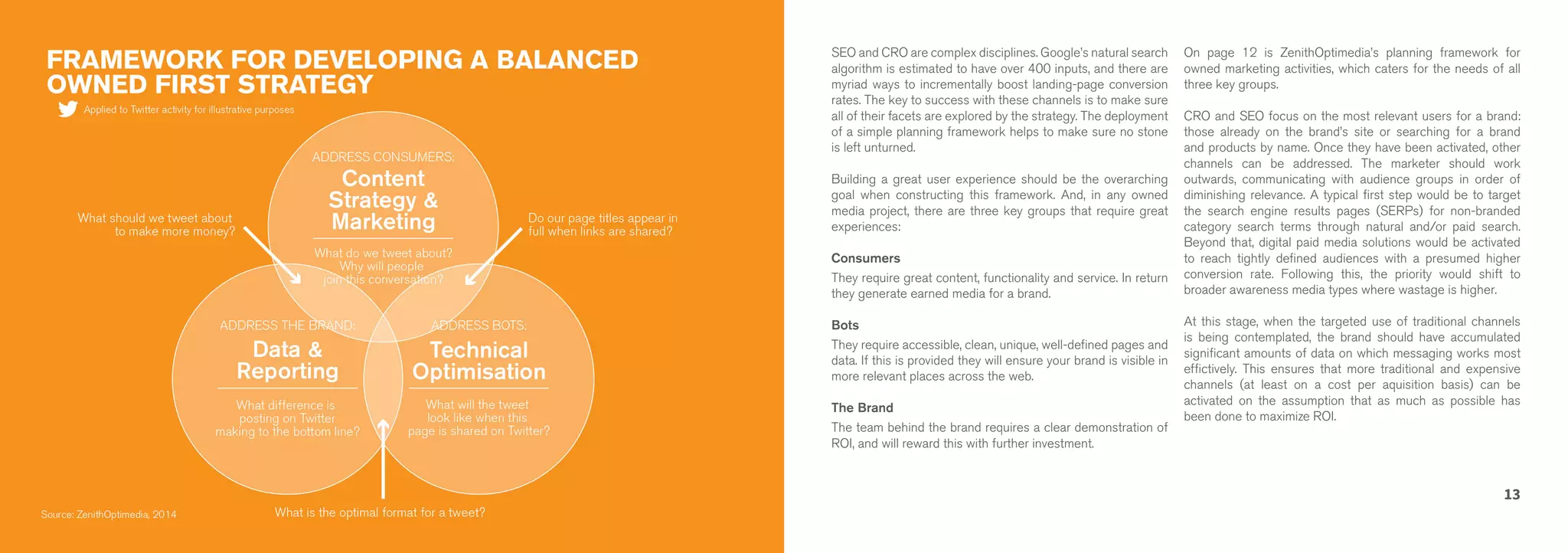 13 
SEO and CRO are complex disciplines. Google’s natural search 
algorithm is estimated to have over 400 inputs, and there are 
myriad ways to incrementally boost landing-page conversion 
rates. The key to success with these channels is to make sure 
all of their facets are explored by the strategy. The deployment 
of a simple planning framework helps to make sure no stone 
is left unturned. 
Building a great user experience should be the overarching 
goal when constructing this framework. And, in any owned 
media project, there are three key groups that require great 
experiences: 
Consumers 
They require great content, functionality and service. In return 
they generate earned media for a brand. 
Bots 
They require accessible, clean, unique, well-defined pages and 
data. If this is provided they will ensure your brand is visible in 
more relevant places across the web. 
The Brand 
The team behind the brand requires a clear demonstration of 
ROI, and will reward this with further investment. 
On page 12 is ZenithOptimedia’s planning framework for 
owned marketing activities, which caters for the needs of all 
three key groups. 
CRO and SEO focus on the most relevant users for a brand: 
those already on the brand’s site or searching for a brand 
and products by name. Once they have been activated, other 
channels can be addressed. The marketer should work 
outwards, communicating with audience groups in order of 
diminishing relevance. A typical first step would be to target 
the search engine results pages (SERPs) for non-branded 
category search terms through natural and/or paid search. 
Beyond that, digital paid media solutions would be activated 
to reach tightly defined audiences with a presumed higher 
conversion rate. Following this, the priority would shift to 
broader awareness media types where wastage is higher. 
At this stage, when the targeted use of traditional channels 
is being contemplated, the brand should have accumulated 
significant amounts of data on which messaging works most 
effictively. This ensures that more traditional and expensive 
channels (at least on a cost per aquisition basis) can be 
activated on the assumption that as much as possible has 
been done to maximize ROI. 
 