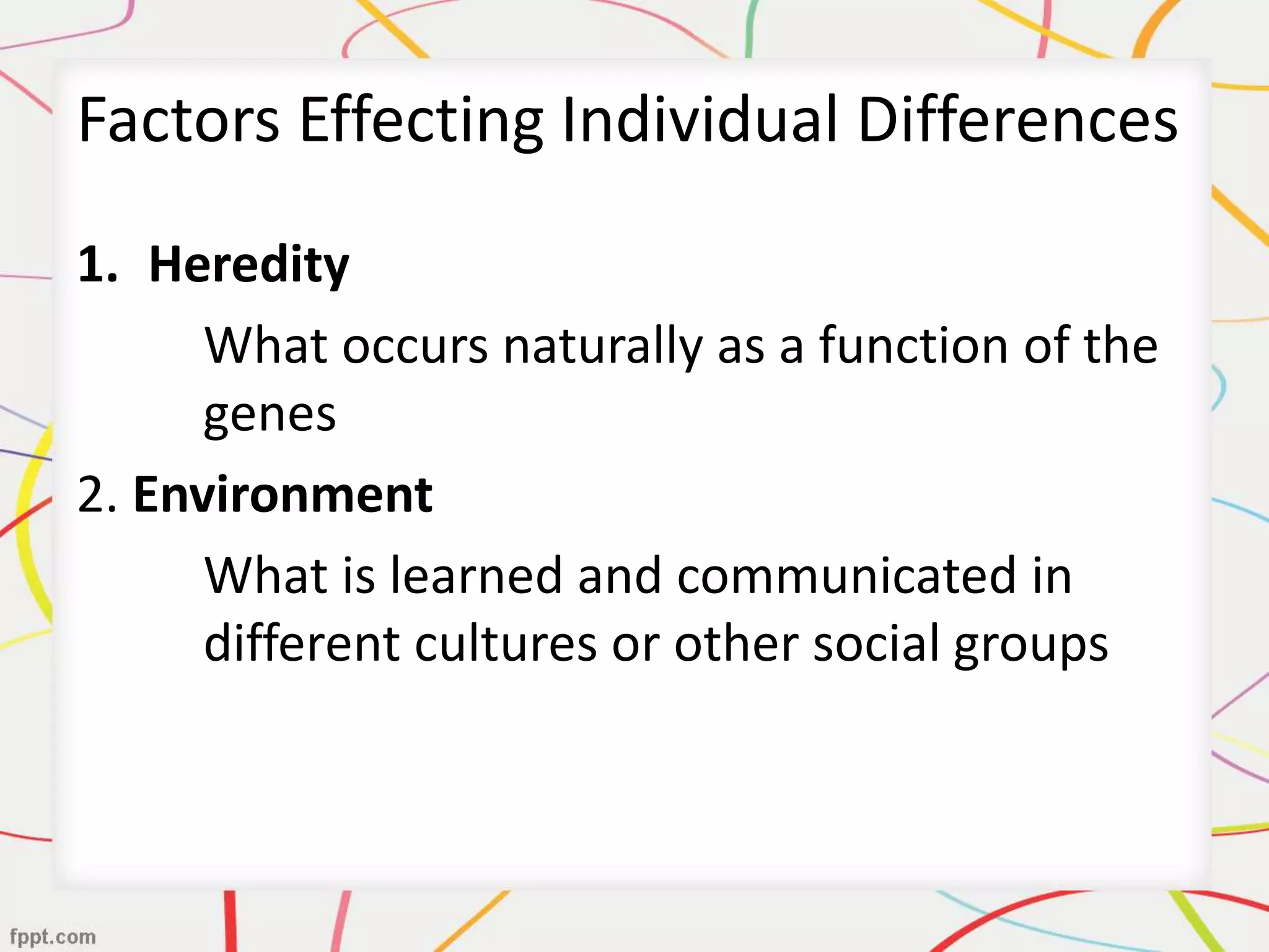 Factors Effecting Individual Differences
1. Heredity
What occurs naturally as a function of the
genes
2. Environment
What is learned and communicated in
different cultures or other social groups
 