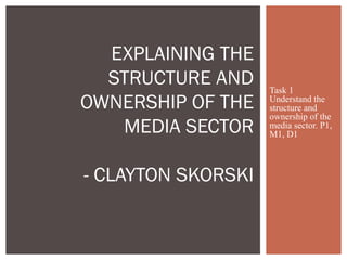 Task 1
Understand the
structure and
ownership of the
media sector. P1,
M1, D1
EXPLAINING THE
STRUCTURE AND
OWNERSHIP OF THE
MEDIA SECTOR
- CLAYTON SKORSKI
 