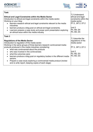 Task
Ethical and Legal Constraints within the Media Sector
Introduction to ethical and legal constraints within the media sector.
Working on your blog:
learners research ethical and legal constraints relevant to the media
industries
learners produce a blog post on ethical and legal constraints.
Learners prepare a case study and power point presentation exploring
an ethical issue within the media industry
7.2 Understand
ethical and legal
constraints within the
media sector
P7.2, ,M7.2, D7.2
Unit 2
P4, M4, D4
P5, M5, D5
Task 3
Regulations of the Media Sector
Introduction to regulation of the media sector.
Working in the same groups of three learners research controversial media
products produced in the media industries considering:
what was controversial about the products
who was involved in the controversies
what the outcomes were
learners produce a blog post on regulatory bodies in the different media
sectors.
Prepare a case study exploring a controversial media product (review
and re write report, keeping copies of each stage)
7.3 describe the
regulations of the
media sector
P7.3, ,M7.3, D7.3
Unit 2
P2, M2, D3
P3, M3, D3
 