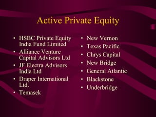 Active Private Equity HSBC Private Equity India Fund Limited Alliance Venture Capital Advisors Ltd JF Electra Advisors India Ltd Draper International Ltd. Temasek New Vernon Texas Pacific Chrys Capital New Bridge General Atlantic Blackstone Underbridge 