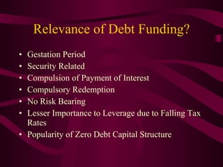 Relevance of Debt Funding? Gestation Period Security Related Compulsion of Payment of Interest Compulsory Redemption No Risk Bearing Lesser Importance to Leverage due to Falling Tax Rates Popularity of Zero Debt Capital Structure 