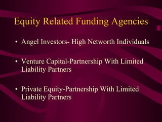 Equity Related Funding Agencies Angel Investors- High Networth Individuals Venture Capital-Partnership With Limited Liability Partners Private Equity-Partnership With Limited Liability Partners 