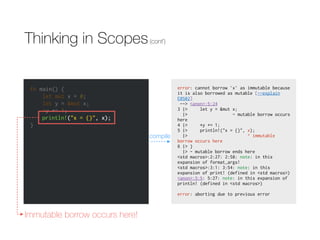 Thinking in Scopes(cont’)
fn main() {
let mut x = 0;
let y = &mut x;
*y += 1;
println!("x = {}", x);
}
error: cannot borrow `x` as immutable because
it is also borrowed as mutable [--explain
E0502]
--> <anon>:5:24
3 |> let y = &mut x;
|> - mutable borrow occurs
here
4 |> *y += 1;
5 |> println!("x = {}", x);
|> ^ immutable
borrow occurs here
6 |> }
|> - mutable borrow ends here
<std macros>:2:27: 2:58: note: in this
expansion of format_args!
<std macros>:3:1: 3:54: note: in this
expansion of print! (defined in <std macros>)
<anon>:5:5: 5:27: note: in this expansion of
println! (defined in <std macros>)
error: aborting due to previous error
compile
println!("x = {}", x);
Immutable borrow occurs here!
 