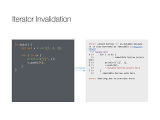 Iterator Invalidation
fn main() {
let mut v = vec![1, 2, 3];
for i in &v {
println!("{}", i);
v.push(34);
}
}
error: cannot borrow `v` as mutable because
it is also borrowed as immutable [--explain
E0502]
--> <anon>:6:9
4 |> for i in &v {
|> - immutable borrow occurs
here
5 |> println!("{}", i);
6 |> v.push(34);
|> ^ mutable borrow occurs here
7 |> }
|> - immutable borrow ends here
error: aborting due to previous error
compile
 